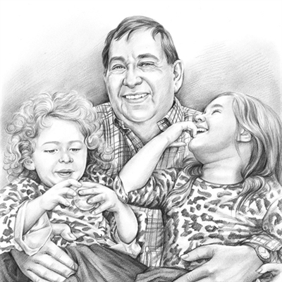 Hand Drawn Pencil Portrait of A Happy Grandpa with His Little Granddaughters Together,by myDaVinci - myDaVinci